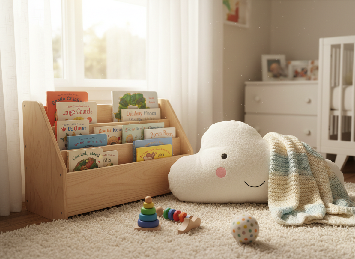 A cozy nursery reading corner with a low, open wooden bookshelf filled with brightly colored board books and picture books, their covers facing outward. A plush, oversized floor cushion shaped like a friendly cloud rests beside the shelf, with a soft knit baby blanket partially draped over it. Sunlight from a nearby window filters through sheer curtains, casting gentle, warm light across a fuzzy rug scattered with a few wooden stacking rings and a soft fabric ball. Photographic realism at eye-level, with a shallow depth of field that keeps the bookshelf and reading nook in sharp focus while the rest of the room softly blurs, creating a playful, welcoming atmosphere perfect for early literacy moments.