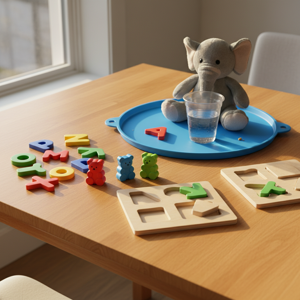 A modern kitchen table transformed into a playful toddler learning space, with a smooth light-wood surface covered in colorful, non-toxic silicone alphabet letters, chunky counting bears, and simple wooden shape puzzles. A small, slightly worn stuffed elephant leans against a child-sized cup of water on a spill-proof mat, hinting at a recent snack time. Warm afternoon light pours in from a side window, creating soft highlights on the toys and subtle shadows across the table. Captured from a slightly elevated angle in photographic realism, the composition uses the rule of thirds to draw attention to a partially completed shape puzzle, conveying a warm, approachable atmosphere that celebrates everyday learning in the home.